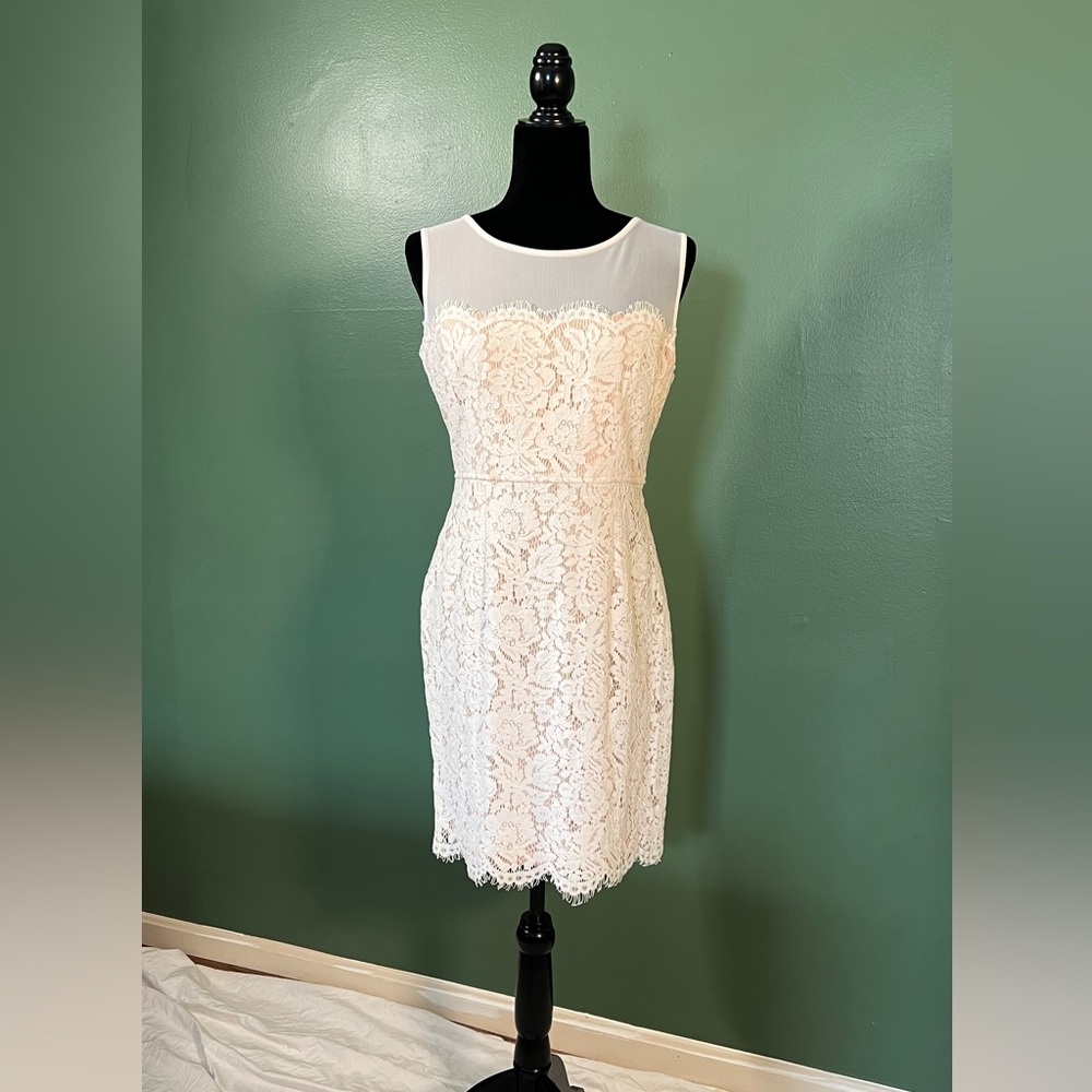 White and nude lace sheath dress from Lulus